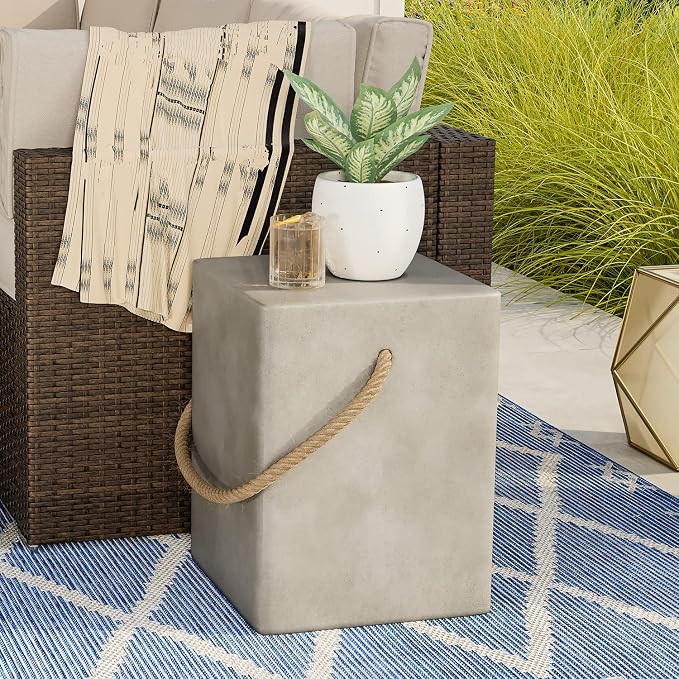 COSIEST Concrete Side Table, Rectangular Outdoor Side Table w Hemp Rope Handles,15''Patio Side Tables End Table, Outdoor Accent Coffe Table for Garden and Patio, Grey