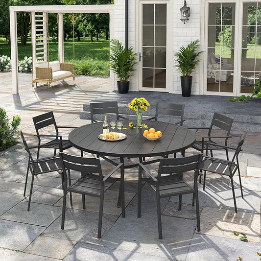 VICLLAX Patio 9 Pieces Outdoor Dining Set, Wrought Iron Metal Outdoor Table and Chairs Set, 53" Round Table with Umbrella Hole and 8 Stackable Chairs for Lawn, Garden, Porch, Black