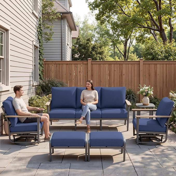 Aluminum Outdoor Patio Furniture Set, 6-Piece Outdoor Sofa with 5.1" Thick Cushions, Swivel Rocking Chairs, Outdoor Couch with Ottomans, for Porch, Garden, Navy Blue