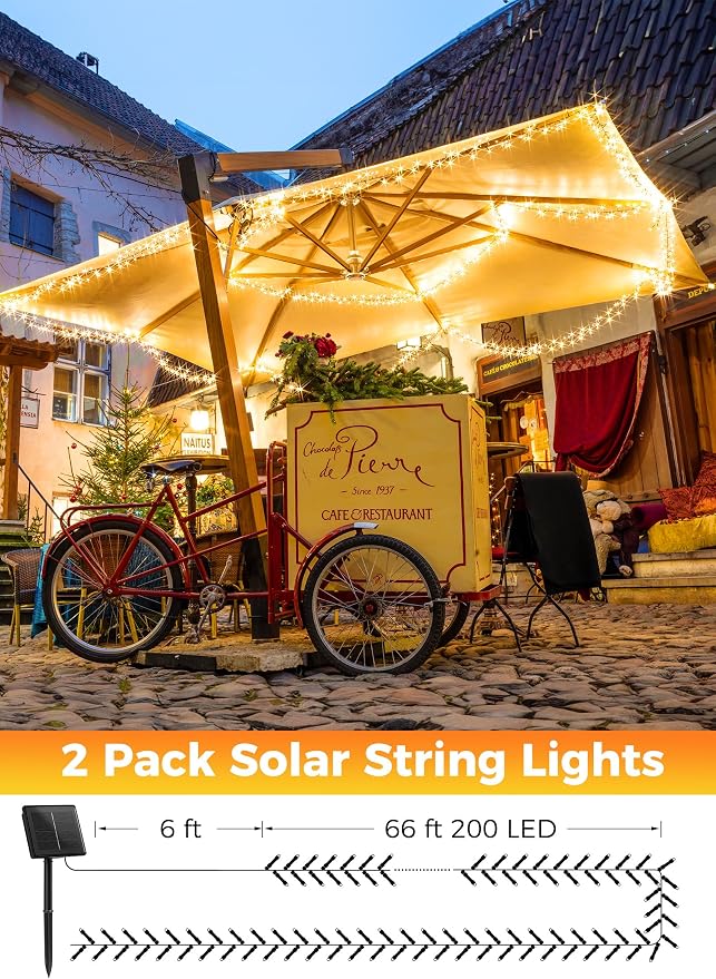 Minetom Solar String Lights Outdoor Waterproof, 2 Pack Total 144FT 400 LED | Solar Powered String Light with 8 Lighting Modes, Waterproof Patio Lights, Christmas Outdoor Lights for Tree Yard, Warm White