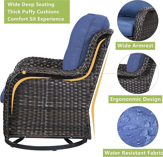 Rilyson Wicker Patio Furniture Set - 7 Piece Rattan Outdoor Sectional Conversation Sets with 2 Rocking Swivel Chairs,2 Ottomans,1 Sofa,1 Loveseat and 1 Coffee Table for Porch Deck(Brown/Blue)