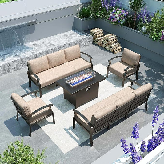 Gotland 8 Seats Outdoor Metal Patio Furniture Set with 55,000 BTU Gas Fire Pit Table w/Glass Wind Guard Patio Conversation Sectional Sofa Sets-Khaki