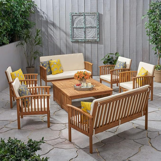 Christopher Knight Home 8-Piece Outdoor Patio Furniture Set, Acacia Wood Conversation Set with 2 Loveseats 2 Coffee Tables and 4 Chairs Cushions, Large Backyard Garden Chat Set, Light Wood