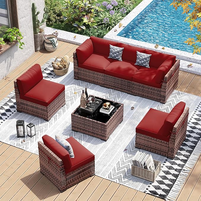 UDPATIO Patio Furniture Set, 7 Pieces Outdoor Sectional Sofa with 105°Slanted Back, Modular Rattan Conversation Set for Poolside, Backyard, Deck, with Coffee Table, Red
