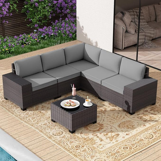 Gotland 6 Pieces Patio Furniture Set with 1 Coffee Table, 5 Seater Rattan Outdoor Sectional with Wide Armrests 29.5'' High Backrest Thick Waterproof Cushions, Conversation Sets for Deck Garden Gray