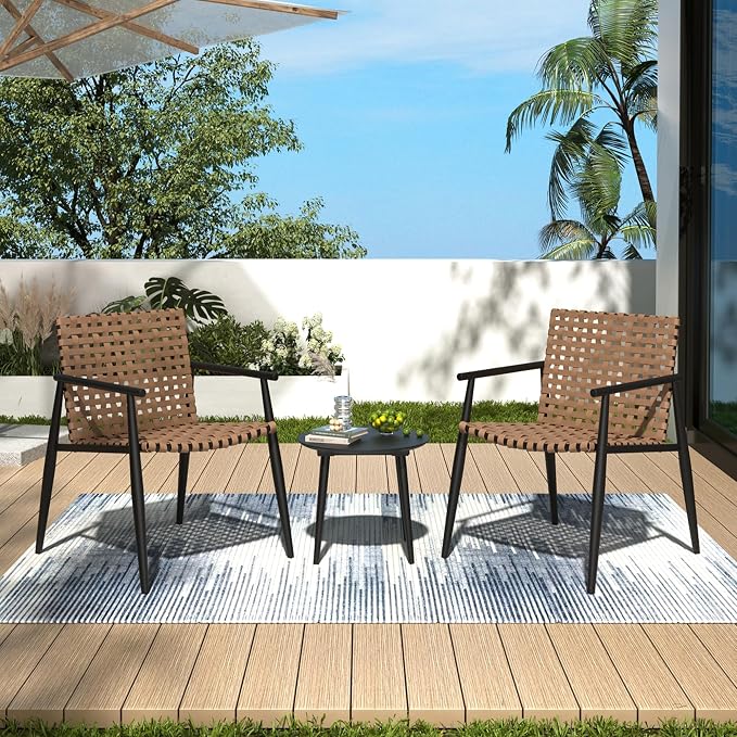 Christopher Knight Home Oakes Patio Table and Chairs Set, 3-Piece Patio Conversation Set, Outdoor Tempered Glass Table and PE Rattan Armchairs Set of 2, Garden/Poolside Reading Nook, Black+Brown