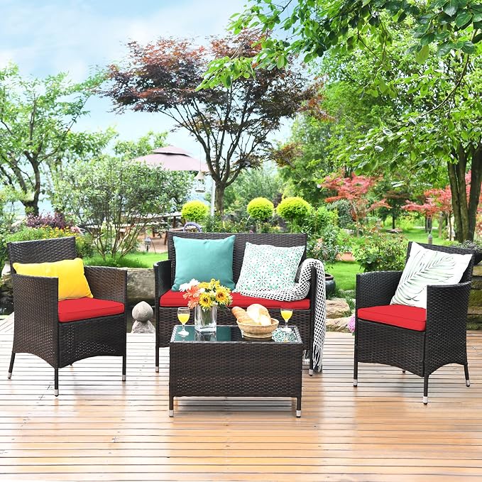 COSTWAY 8PCS Rattan Patio Furniture Set | Outdoor Wicker Rattan Chairs with Coffee Table, Rattan Cushioned Conversation Set for Backyard Balcony Poolside, Red