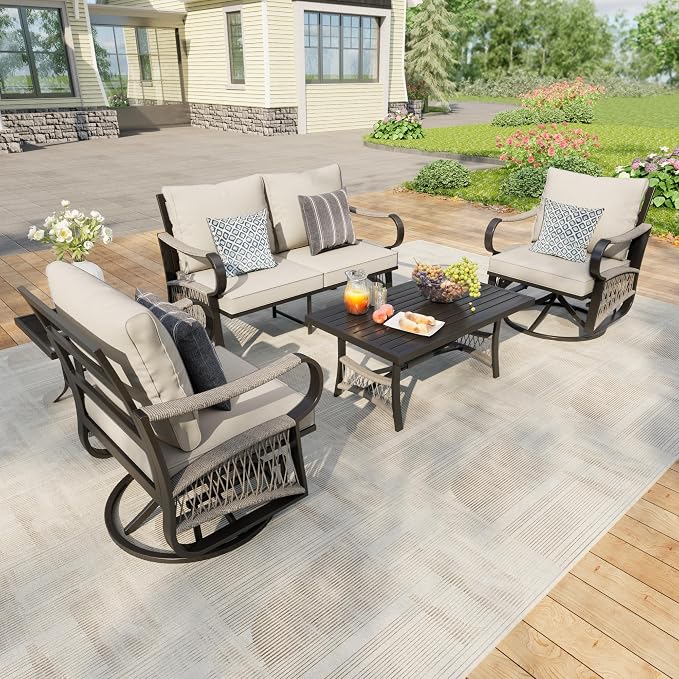 5 Pieces Outdoor Conversation Set, Rope Patio Furniture Sets Metal 2 Swivel Rockers with Side Table Loveseat Sofa with Coffee Table, Beige Cushions