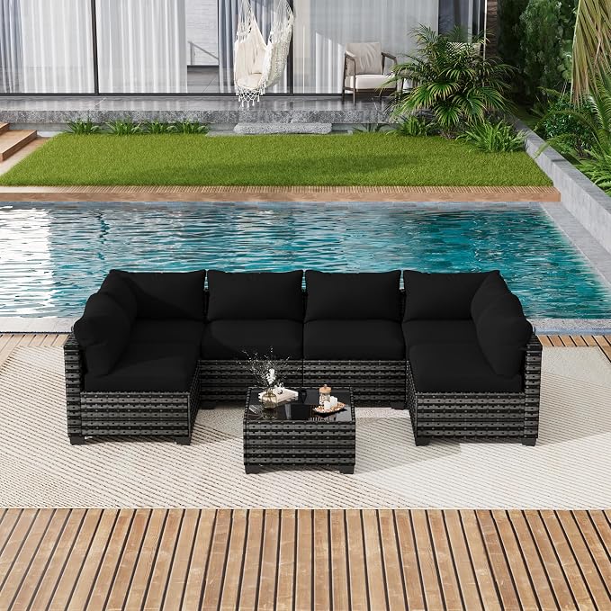 LOUVIXA 7 Piece Outdoor Patio Furniture Set, Outdoor Sectional Sofa, Wicker Rattan Patio Furniture, Patio Conversation Set with Coffee Table & Cushions