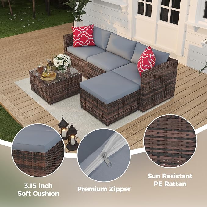 Patio Furniture Sets 5 Pieces, PE Wicker Modern Patio Conversation Set with Storage Cushions for Poolside, Deck, Balcony (Brown/Light Grey)