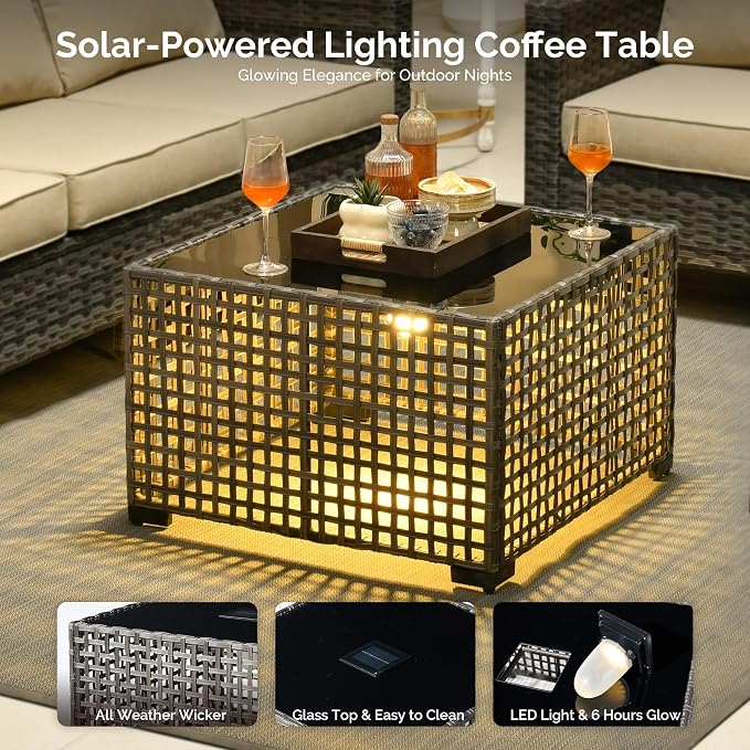 4 Piece Wicker Patio Furniture Set with Solar Table, Beige | Outdoor Deep Seating Sofa Chair, Solar Lights Table, All Weather Rattan, Modern Conversation Set, Porch Deck Backyard