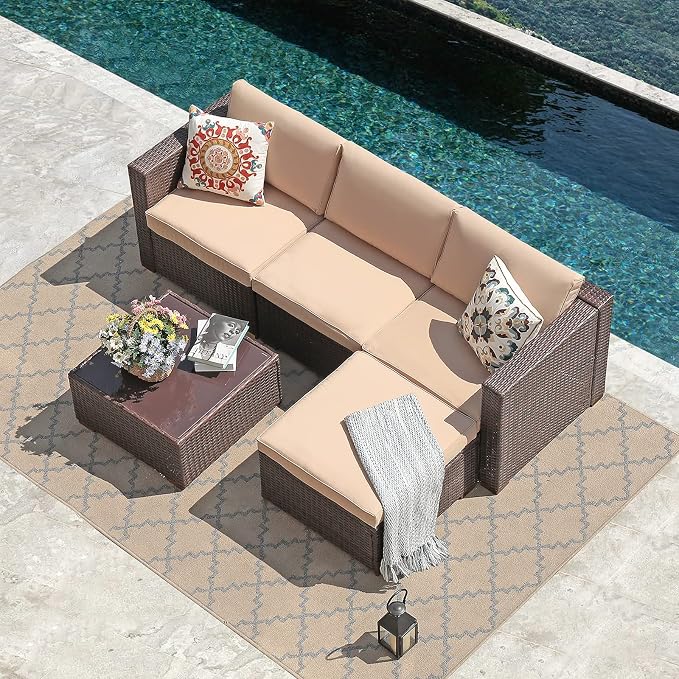 Patiorama 5 Piece Outdoor Patio Furniture Set, Outdoor Sectional Conversation Set, All-Weather Brown PE Wicker w/Beige Cushions, Outdoor Backyard Porch Garden Poolside Balcony Furniture Set