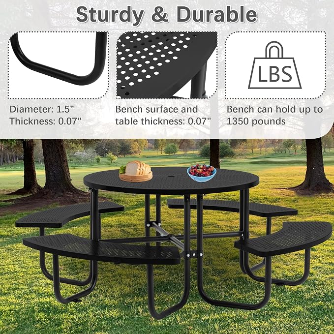 46" Coated Round Metal Picnic Table for 4-8 Person, Durable Heavy Duty Commercial Picnic Table with Umbrella Hole for Outdoor Coffee Shop, School, Easy to Install, Black