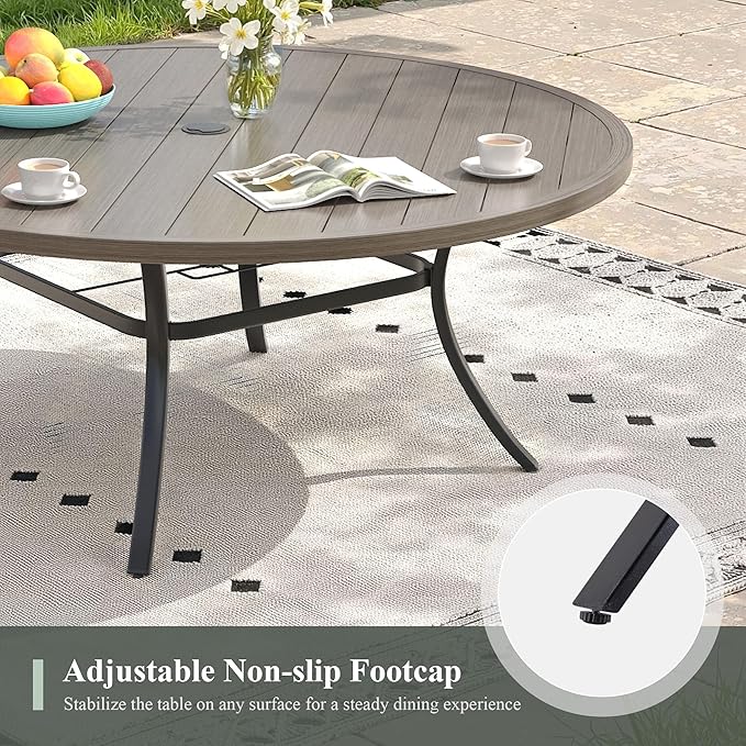 Outdoor Dining Table for 8, 63" Round Outdoor Table with Adjustable Umbrella Hole, All-Weather Metal Patio Dining Table for Lawn Garden Backyard Deck, Grey