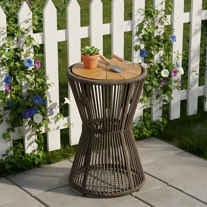 Merax Bohemian Round Outdoor Side Table with Acacia Wood Top and Dark Grey Handwoven Rope Base, Elegant Hourglass Design Patio Coffee Table for Garden, Pool, Balcony, Yard, 25.8" Height, No Assembly