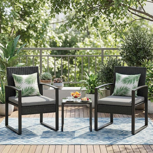 IDEALHOUSE 3 Piece Outside Patio Furniture Set, Outdoor Wicker Chair Conversation Set with Glass Coffee Table, PE Rattan Patio Furniture for Backyard, Porch, Patio, Poolside (No Rocking)