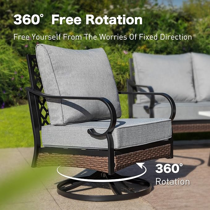 SUNSHINE VALLEY 6 Piece Black Metal Outdoor Patio Furniture Sets with Firepit Table, Patio Conversation Sets 1 3-Seater Sofa, 2 Leg Sofa and 2 Swivel Chair with 5.75" Cushion for Backyard Deck, Gray