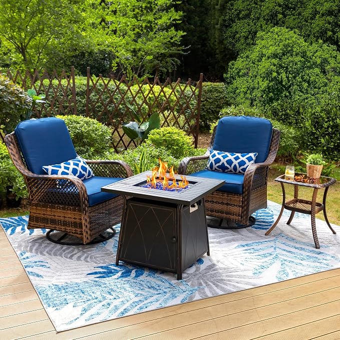 PHI VILLA 4-Piece Outdoor Swivel Rocker Chairs Set with Fire Pit Table, Rattan Patio Furniture Set Supports 350lbs, with 2 Rocking & Swivel Chairs, 1 Coffee Table, and 1 Fire Pit