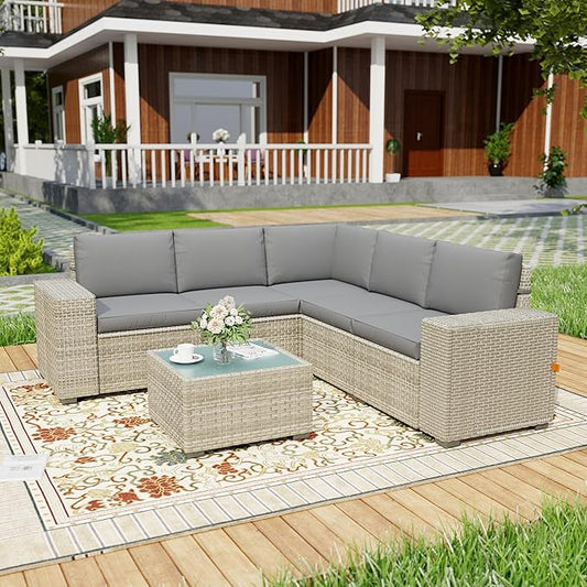 6 Piece Patio Furniture Set, 8" Wide Arm Sectional Sofa Set with Coffee Table, High-Back All-Weather Rattan Outdoor Conversation Set for Garden, Porch, Lawn, Gray