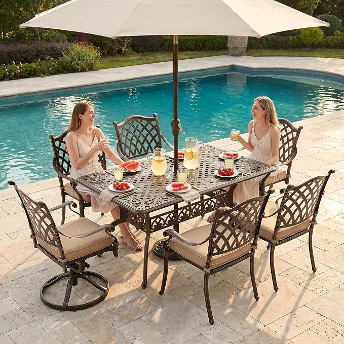 7 Piece Outdoor Dining Set Cast Aluminum Retro Patio Dining Set for 6 Includes 59” Rectangular Table 2 Swivel Chairs with Thicker Cushions and Umbrella Hole for Patio Deck Garden
