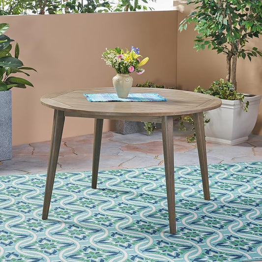 Merax Outdoor Patio Furniture Acacia Wood Round Dining Table, Water Resistant Finish Modern for Garden Kitchen Room, Grey