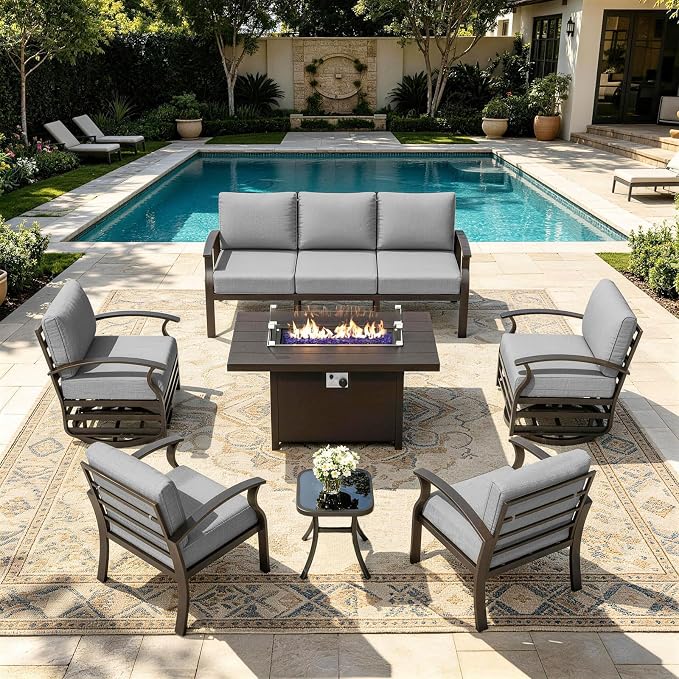 Kurapika Aluminum Patio Furniture Set 7-Seat Modern Metal Outdoor Conversation Sets w/45in Propane Fire Pit Table, Swivel Rocking Chairs Patio Sectional Sofa w/5.1 Inch Cushion, Grey