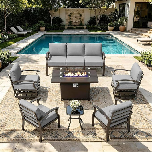 Kurapika Aluminum Patio Furniture Set 7-Seat Modern Metal Outdoor Conversation Sets w/45in Propane Fire Pit Table, Swivel Rocking Chairs Patio Sectional Sofa w/5.1 Inch Cushion, Grey
