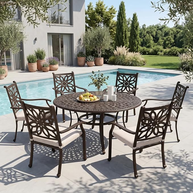 Sophia & William 7pc Outdoor Dining Set, Cast Aluminium | cast aluminum,Powder-Coating,waterproof rust proof,umbrella hole 2.2"