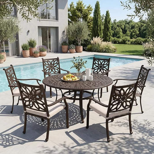 Sophia & William 7pc Outdoor Dining Set, Cast Aluminium | cast aluminum,Powder-Coating,waterproof rust proof,umbrella hole 2.2"