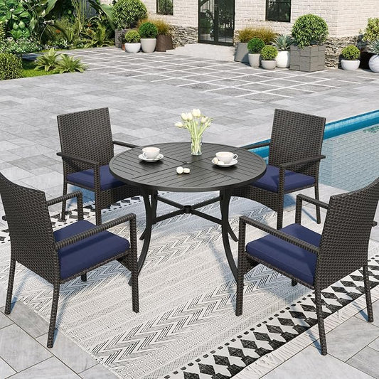Sophia & William 5 Pieces Round Patio Dining Set, All Weather Patio Table and Chairs Set for 4, 42" Dia Round Outdoor Table with Umbrella Hole, 4 Rattan Chairs with Cushion