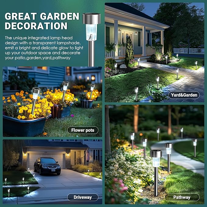 GIGALUMI Solar Lights Outdoor Waterproof, 12 Pack, Stainless Steel LED Solar Garden Lights for Patio, Lawn, Yard and Landscape, Cold White | Stainless Steel LED, Ideal for Patio Lawn Yard Landscape, Durable Decorative Lighting