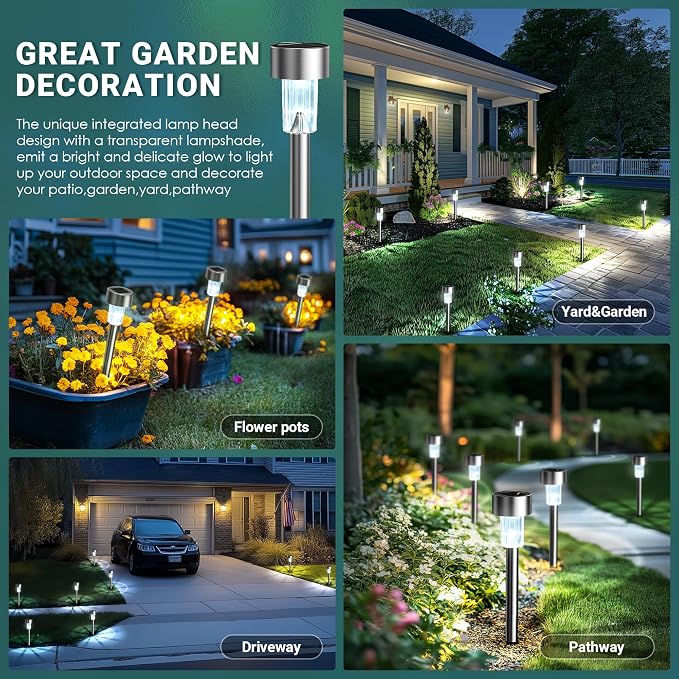 GIGALUMI Outdoor Waterproof Solar Garden Lights, 20 Pack Cold White | Stainless Steel LED, Cold White Brightness, Ideal for Patio Lawn Yard Landscape, Garden & Patio Decor