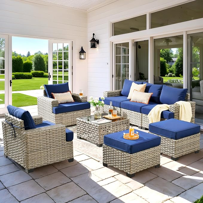 8 Pcs Outdoor Sectional Patio Furniture Set with Ottomans - All Weather Wicker Modular Outside Sectional Couch,Patio Seating Outdoor Conversation Sets for Deck Yard Garden,Navy Blue