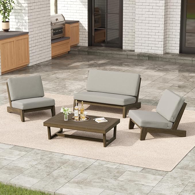 4 Pieces Patio Furniture Sets, All-Weather Outdoor Wood Bistro Set Patio Conversation Coffee Table Chiars and Patio Loveseat for Balcony, Backyard