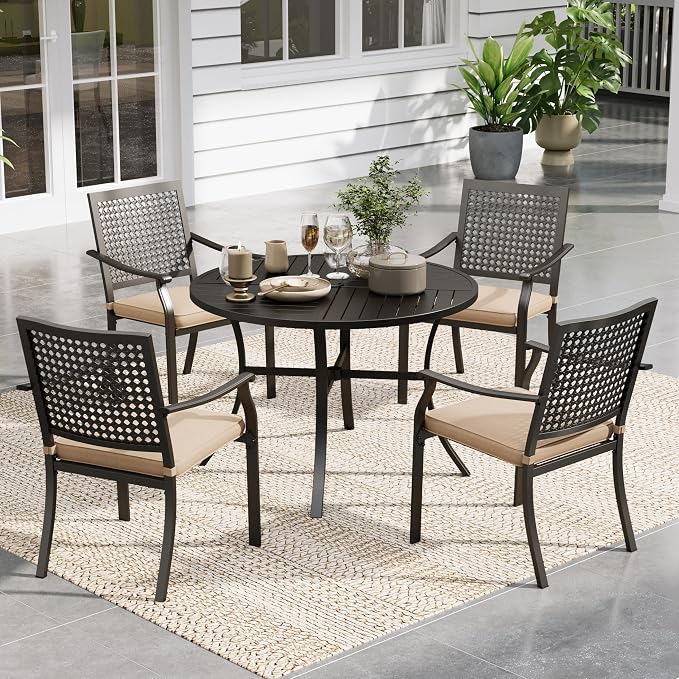 Sophia & William Round Patio Table and Chairs Set, Outdoor Dining Set for 4, 5 Piece Metal Patio Furniture, 42" Black Table(Beehive)