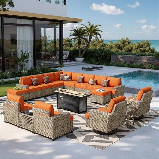 HOOOWOOO Sectional Patio Furniture Set with Fire Pit Table,17 Pieces Wicker Outdoor Furniture L Shaped Couch,Outside Conversation Set Extra Deep Sofa Wide Arm Swivel Chairs Ottoman Light,Brick Red