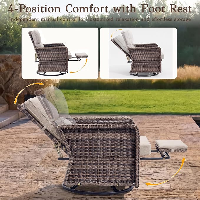 Brafab 7-Seat Piece Wicker Patio Furniture Set with 44" Propane Fire Pit Table, Outdoor Swivel Recliner Chairs with Adjustable Backrest & Footrest for Patio Conversation and Backyard Gathering, Beige
