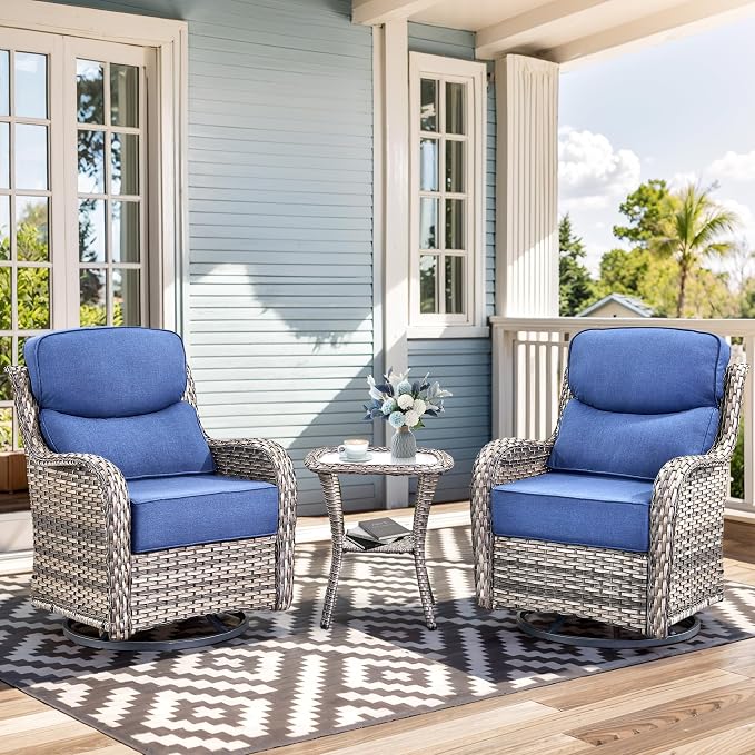 Luxury High Back Outdoor Swivel Rocker Patio Chairs with Side Table & 6-Inch Thick Cushions, 3 Pieces Patio Furniture Set for Porch, Balcony, Deck and Yard