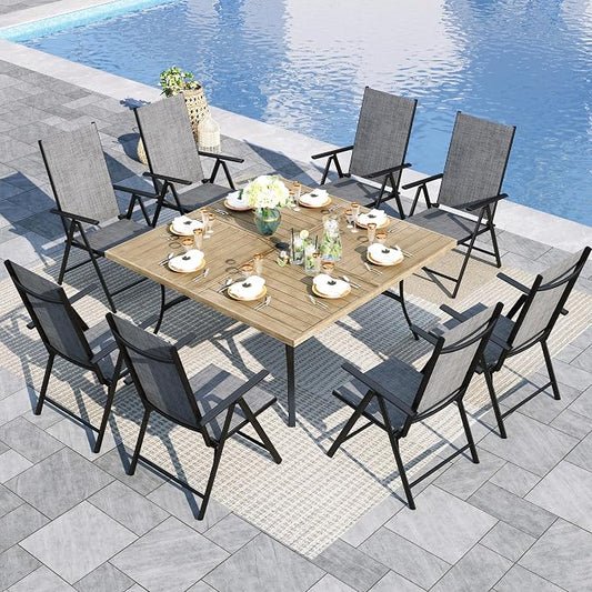 Sophia & William Patio Dining Set for 8, 8 Person Outdoor Dining Table Set Large Square Metal Patio Table and 8 Foldable Textilene Patio Chairs, Grey, 1.57"-1.9" Adjustable Umbrella Hole