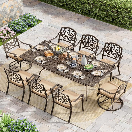 Grepatio 9 Piece Cast Aluminum Outdoor Dining Set, Patio Furniture Set with 2“ Umbrella Hole and 6 Chair & 2 Swivel Chairs with Cushions, Dining Furniture Set for Porch Poolside Garden (Khaki)