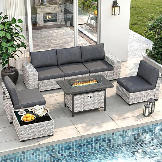 7 Piece Outdoor Wicker Sectional Sofa Set with Fire Pit Table, 5-Seats Conversation Set with 4" Thickened Cushions & Coffee Table, All-Weather PE Rattan for Garden, Backyard, Charcoal Gray