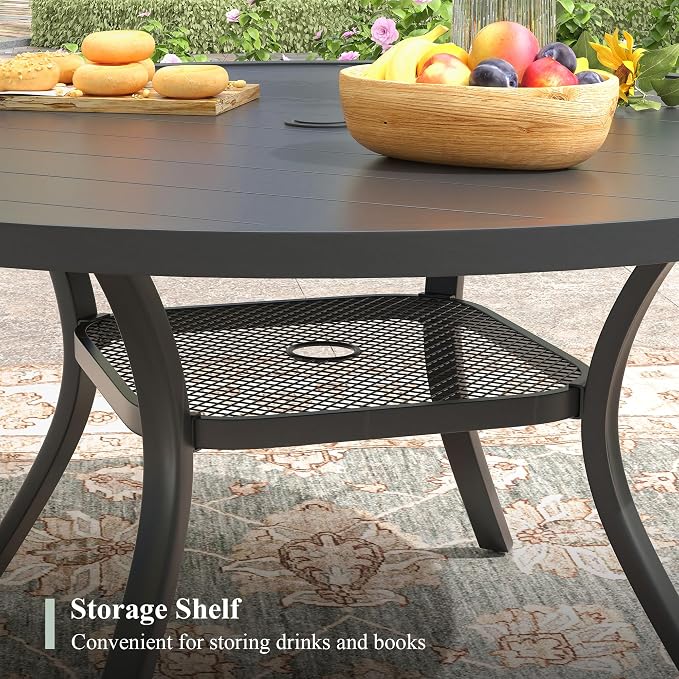 7 Pieces Outdoor Dining Set, Stackable Textilene Patio Chairs & 47.2" Round Dining Table with Umbrella Hole and Shelf, Patio Dining Set for Backyard, Deck, Garden, Grey & Black