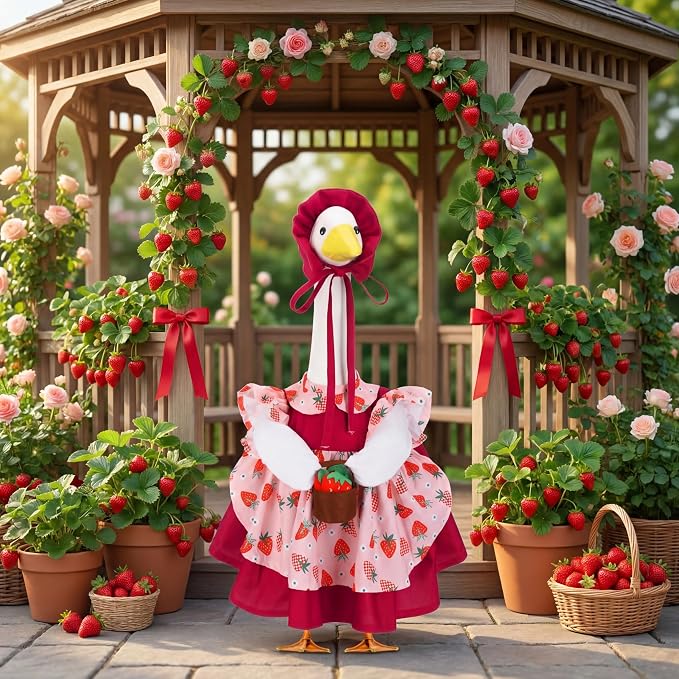 Abbylike Summer Porch Goose Outfits for 23''/17" Cement Statue Strawberry Goose Outfit Strawberry Gril with Basket Costume for Spring Summer Outdoor Yard Lawn Patio Decor