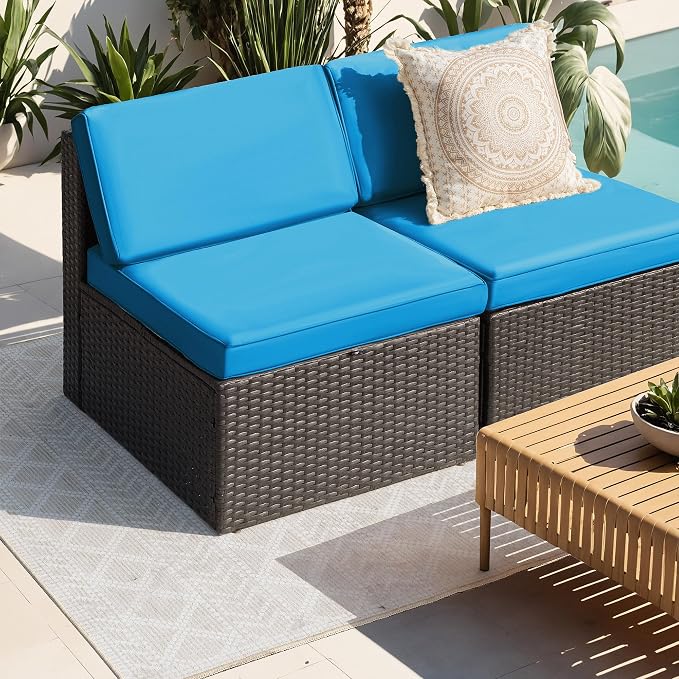 Greesum 2 Piece Patio Conversation Set Wicker Rattan Furniture Outdoor Sofa with Cushions,Pillows for Porch,Lawn and Yard, Blue