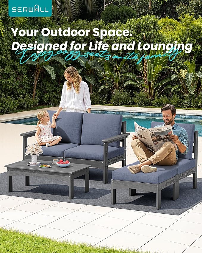 SERWALL 5-Piece Patio Sofas, All-Weather HDPE Outdoor Sectional Sofa with Cushions and Coffee Table, Large Modular Patio Conversation Set for Garden, Lawn, Deck, Porch, Grey Frame with Grey Cushion