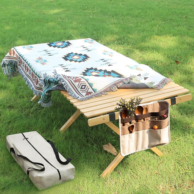 Portable Folding Table,4Ft Bamboo Outdoor Camping Table,Low Picnic Table for Sitting on the Floor,Beach Foldable Table with Carry Bag and Tablecloth,Boho Table for Camping,BBQ,Party