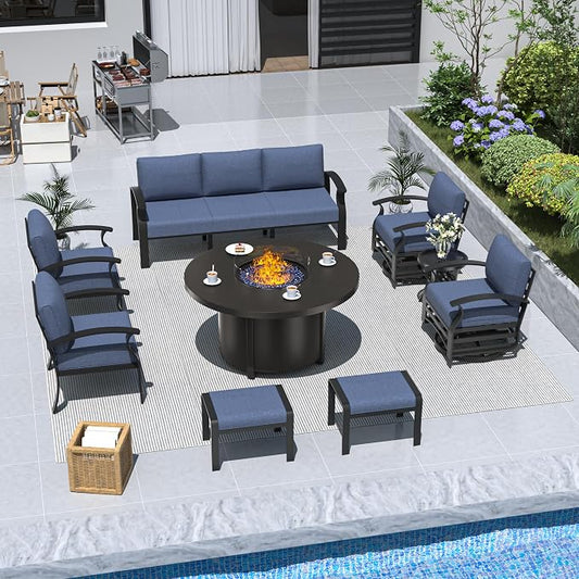 ALAULM Aluminum Patio Furniture Set with Coffee Table Rectangular, 5-seat Outdoor Sectional Furniture w/2 Swivel Chairs, Patio Conversation Set for Porch, Backyard, Dark Blue