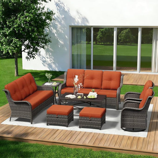 8 Piece Outdoor Wicker Patio Furniture Set, Outdoor Swivel Rocker Patio Chairs Set with Thickened Olefin Cushions, High Back and Deep Seating, Hand-Woven PE Rattan for Porch, Deck