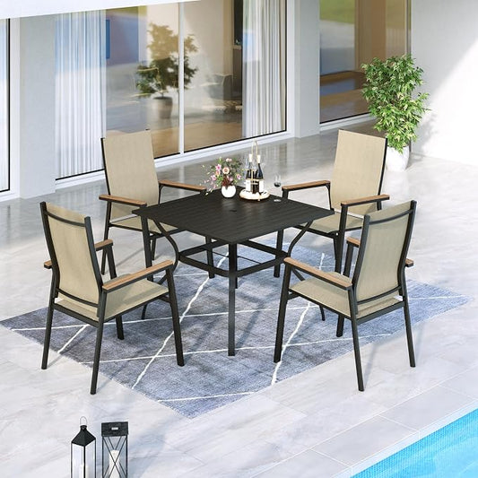 MFSTUDIO 5 PCS Patio Dining Set with 4 Stacking Aluminum Armchair(Beige) and 1 Square Heavy Duty Table