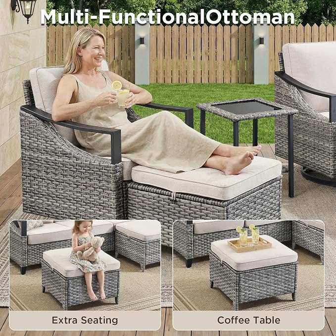 9 Piece Outdoor Patio Furniture Sets-High Back Wicker Swivel Rocker Patio Chairs Set of 4 with Thick Cushions Ottomans, Outdoor Sofa, Patio Conversation Sets for Porch Balcony Patio Deck Grey/Beige